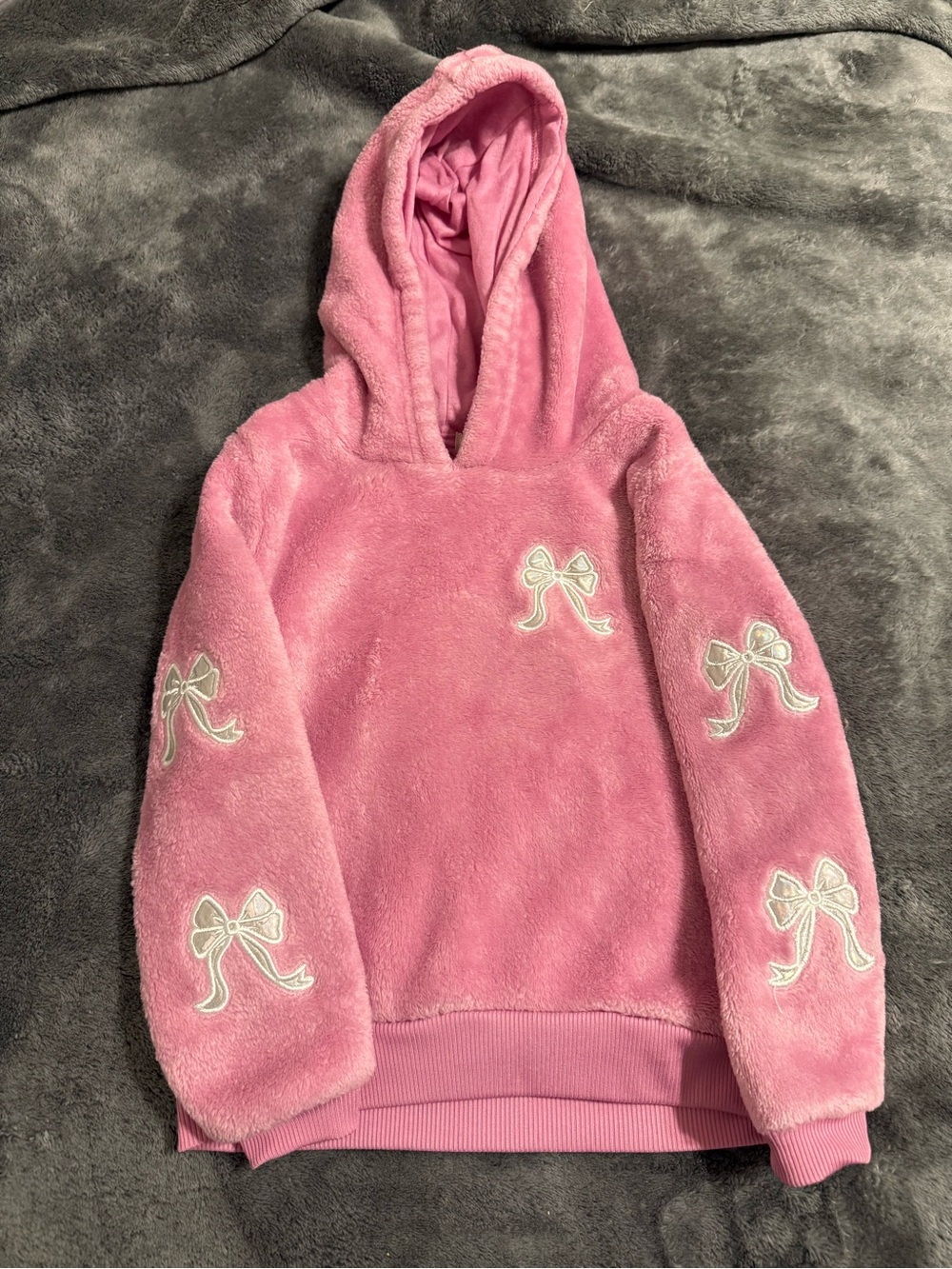 Girls' Plush Pink Hooded Sweatshirt w/ pants, Bow Accents